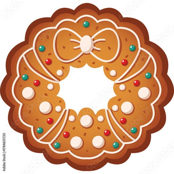 Fototapeta Christmas Gingerbread Cookie Wreath Decorated with White Icing Red and Green Sprinkles and a White Bow Centered on Transparent Background