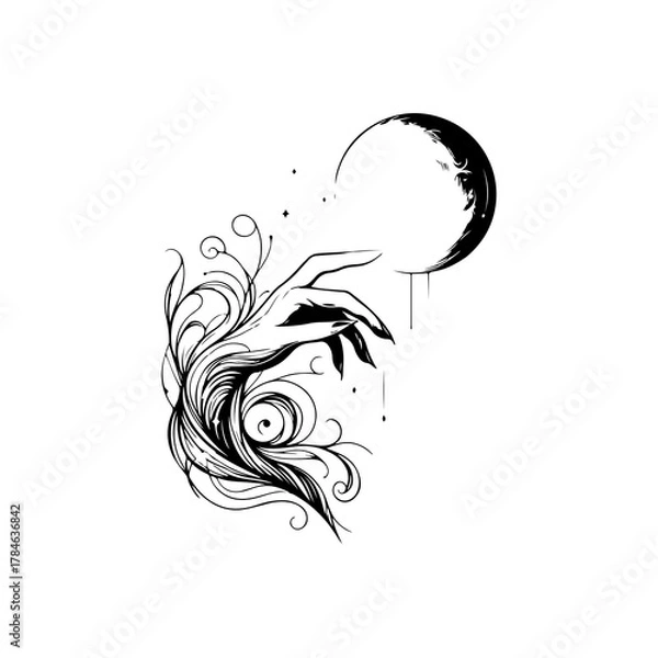 Fototapeta Hand holding the moon — mystical black and white vector illustration symbolizing reaching dreams, feminine energy, and magical night sky design