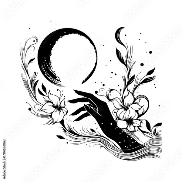 Fototapeta Hand holding the moon — mystical black and white vector illustration symbolizing reaching dreams, feminine energy, and magical night sky design