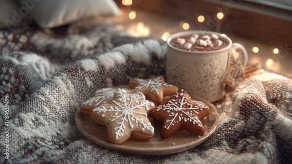 Fototapeta gingerbread cookies and hot cocoa on cozy blanket,