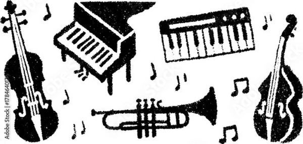 Fototapeta Musical instruments including a violin, trumpet, piano, and keyboard in a black sketch style. Simple vector illustration featuring musical notes in a set.