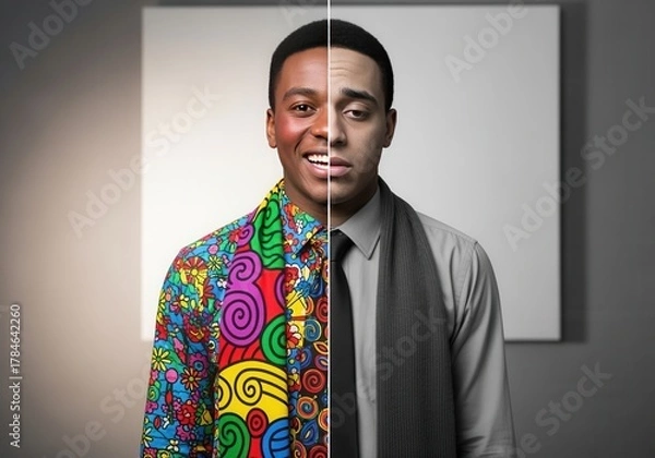 Obraz Split portrait of a young man with contrasting emotions. Happy in a colorful shirt versus sad in monochrome formal wear. Duality and mental health concept