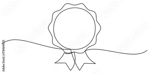 Fototapeta Continuous one line art drawing of champion winner trophy, Award winning ribbon in simple linear style, Single continuous line drawing of the best quality award badge with gold star winning medal.