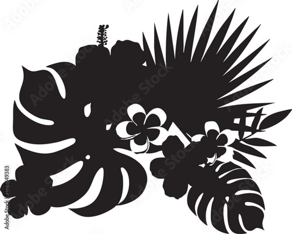 Obraz Tropical flower vector: black and white monstera, hibiscus, palm leaf design eps silhouette