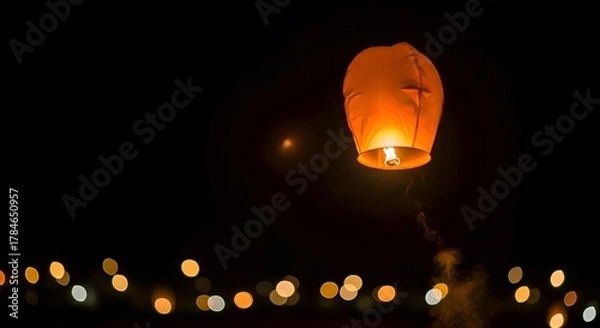 Fototapeta A flying lantern floating in the night sky, cinematic bokeh and soft depth