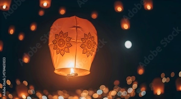 Fototapeta A glowing lantern floating in the night sky, cinematic bokeh and soft depth