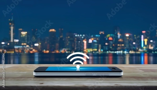 Obraz Modern smartphone displaying a luminous WiFi signal icon against a vibrant, blurred city skyline at night, representing seamless digital communication and urban technological advancement