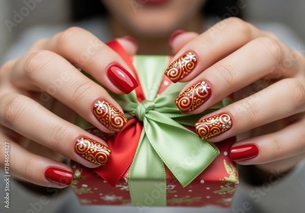 Fototapeta Woman's hands with a festive red and gold Christmas manicure holding a gift box. Close-up of intricate holiday nail art with rhinestones and swirl patterns
