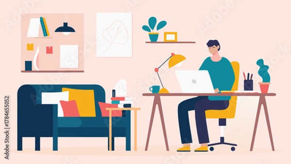 Fototapeta A man works on his laptop at a desk in a cozy room with a sofa and shelves decorated with plants and art