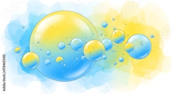 Fototapeta Abstract watercolor background with blue and yellow bubbles, isolated on white background