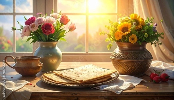 Obraz Stack of matzo crackers on a dark plate garnished with green herbs and white flowers. Set atop a striped cloth with spoon nearby, evoking a traditional, elegant Passover presentation.