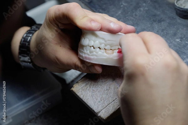 Fototapeta Close-up of a specialist performing accurate grinding on a high-tech dental mock-up.