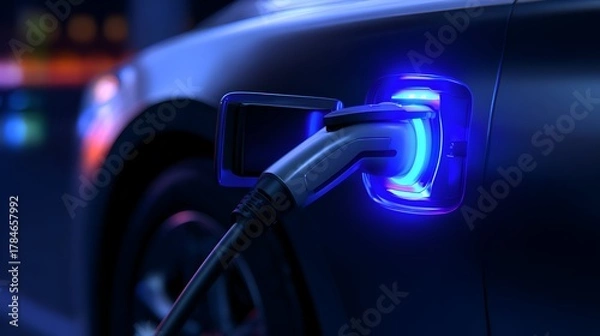 Obraz Electric vehicle charging at night with illuminated plug, showcasing modern technology in urban setting