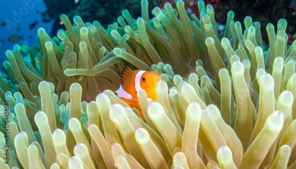 Fototapeta A vibrant orange clownfish peeks out from within a sea anemone's tentacles.