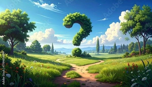 Obraz A scenic landscape featuring a question mark made of trees and a fork in the road
