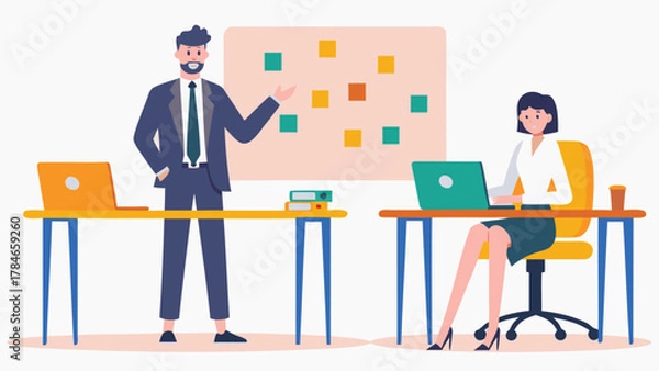 Fototapeta A man in a suit presents ideas on a whiteboard to a woman working on a laptop at her desk in a modern office setting