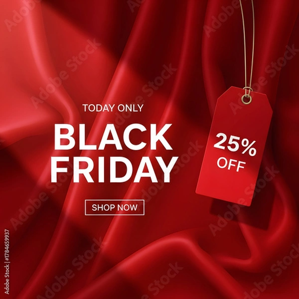 Obraz Elegant Black Friday Sale promotion featuring white text against luxurious deep red draped satin fabric background and discount tag