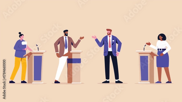 Fototapeta Diverse group of candidates engaging in a political debate standing at podiums with microphones in a modern flat illustration style