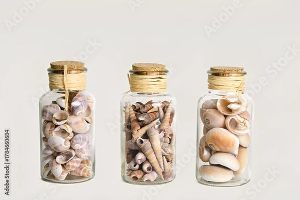 Fototapeta Three charming glass jars, each filled with unique seashells and sealed with a cork and twine. Perfect for beach-themed decor, souvenirs, or a collection of ocean treasures.