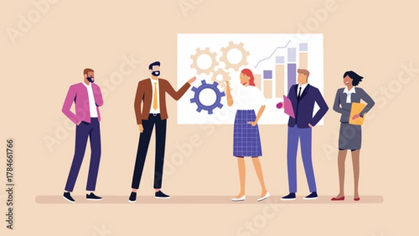 Obraz Diverse business team collaborates on a project presentation with gears and bar chart graphics on a whiteboard