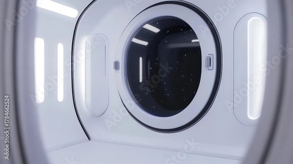 Fototapeta Round window on the white cabin of a spacecraft future technology innovation structure.