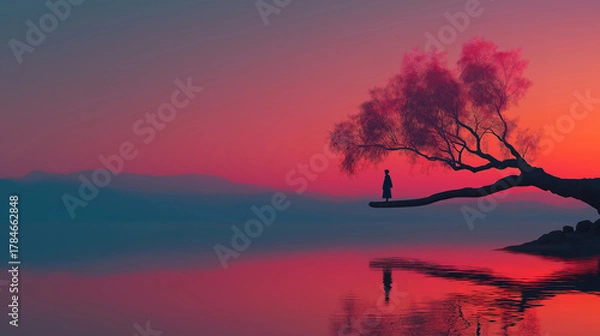 Obraz Serene landscape showing person practicing mindfulness and balance of body mind spirit