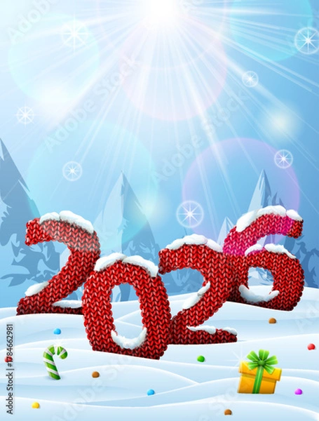 Fototapeta New Year 2026 in shape of knitted fabric in snow. Winter landscape with crocheted year number, top lighting. Vector image for new years day, christmas, winter holiday, knitting, new years eve