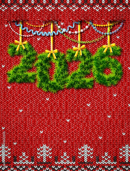 Obraz New Year 2026 of twigs as christmas ornament. Christmas knitted background with copy space and decoration. Vector illustration for new years day, christmas, winter holiday, new years eve, silvester