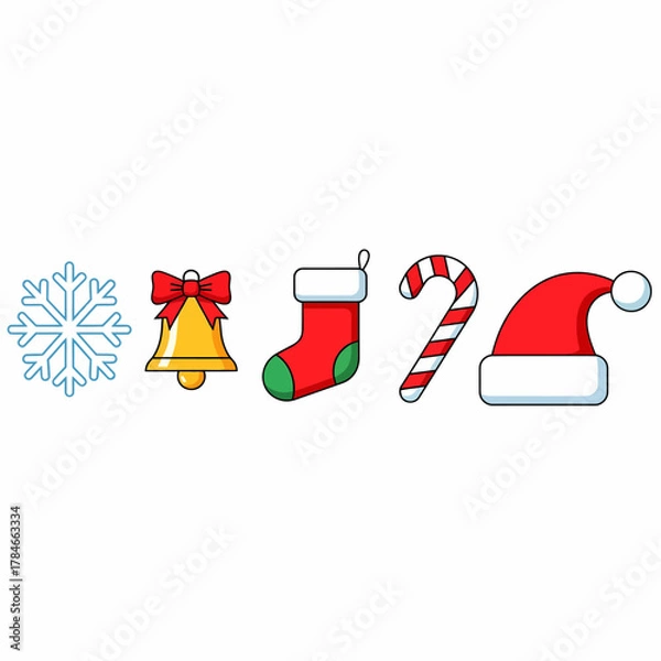 Fototapeta Christmas Icon Set Snowflake Bell Stocking Candy Cane Hat