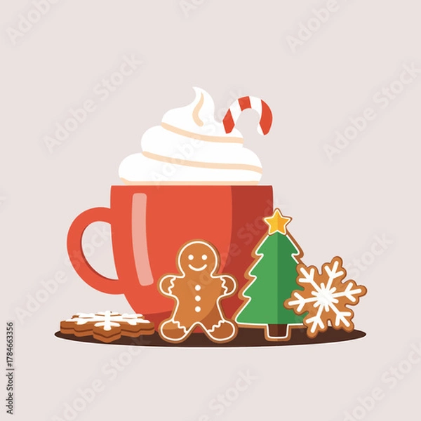 Fototapeta Red Mug Hot Drink And Christmas Gingerbread Cookies