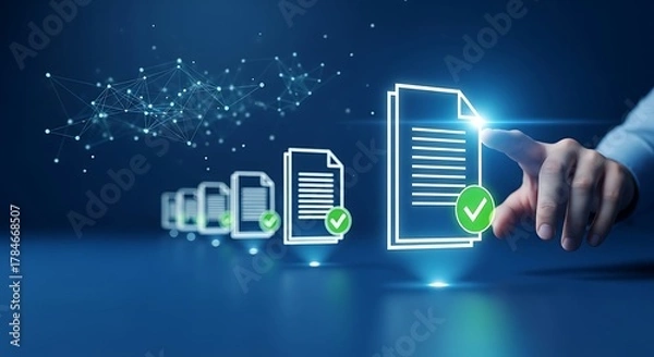 Fototapeta Digital document verification and approval process with glowing checkmarks