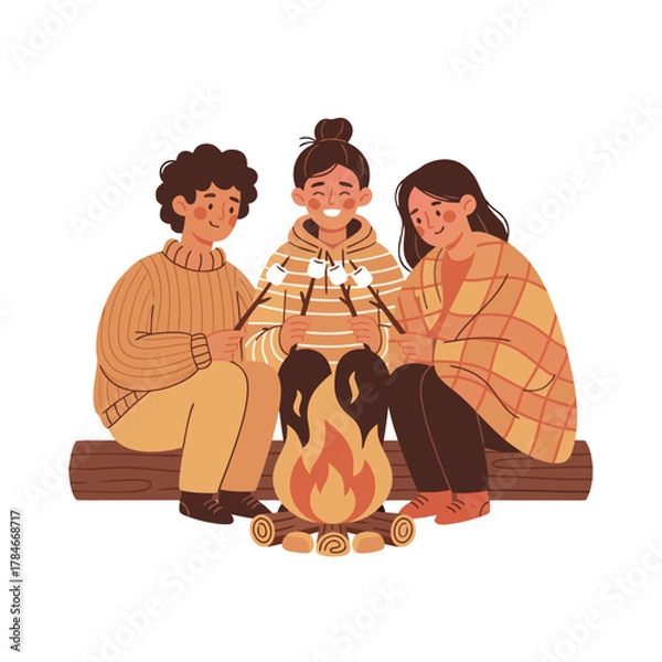 Fototapeta Three friends gathered around a warm campfire roasting marshmallows enjoying a cozy autumn evening in warm knit sweaters and blankets with vibrant flames and glowing embers in a minimalist artistic