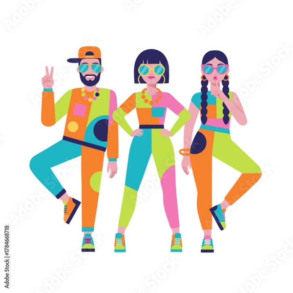 Fototapeta Three friends in colorful 1980s inspired outfits posing together with sunglasses and stylish accessories celebrating good vibes and fun times