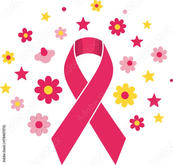 Obraz Breast cancer awareness symbol with pink ribbon and floral elements for support and hope