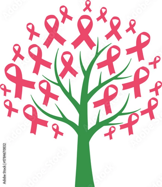 Fototapeta A symbolic green tree with branches adorned by numerous vibrant pink ribbons, representing hope, unity, and unwavering support for breast cancer awareness and the ongoing fight for a cure