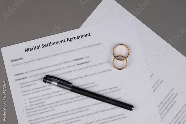 Fototapeta Marital Settlement Agreement paper document with wedding rings on table, ready for signature, symbolizing divorce, prenuptial contract, breakup, and separation.