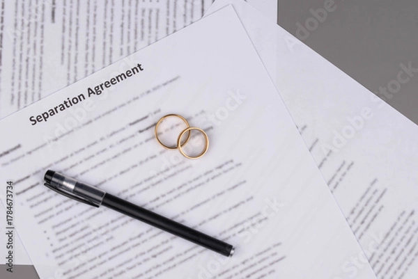 Fototapeta Marital Settlement Separation Agreement paper document with wedding rings on table, ready for signature, symbolizing divorce, prenuptial contract, breakup, and separation.