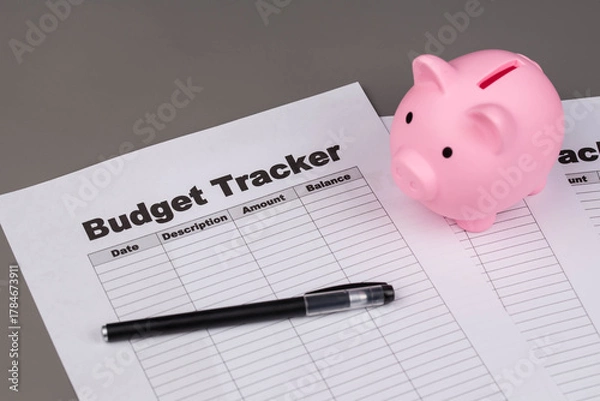 Fototapeta Open daily planner notebook on desk, with organized Monthly Budget tracking table and Piggy bank. With dates, categories and expenses. Personal finance management, spending and budgeting habits concep