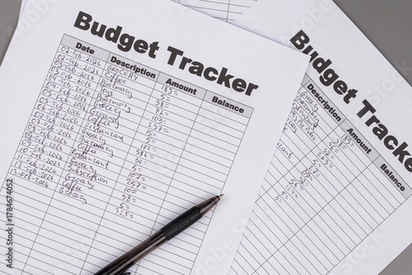 Fototapeta Open daily planner notebook on desk, with neatly handwritten organized Monthly Budget tracking table. With dates, categories and expenses. Personal finance management, spending and budgeting habits 