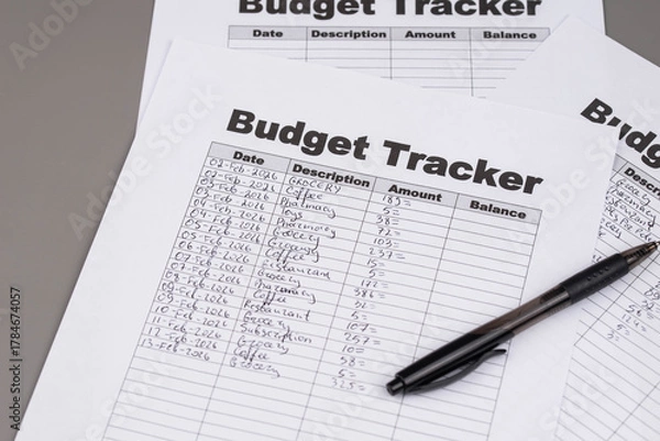 Fototapeta Open daily planner notebook on desk, with neatly handwritten organized Monthly Budget tracking table. With dates, categories and expenses. Personal finance management, spending and budgeting habits 