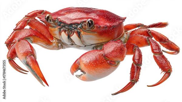 Fototapeta Isolated red crab with claws and legs visible on a white background studio shot close up view