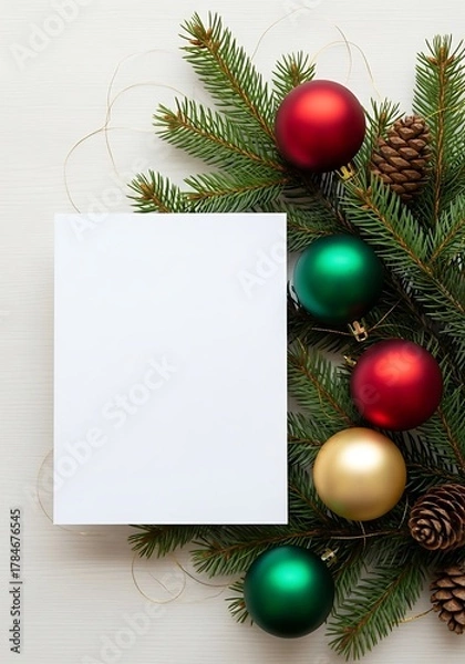 Fototapeta Blank Vertical Card Mockup Pine Branch Ornaments