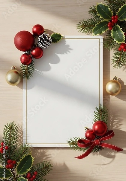 Fototapeta Christmas Vertical Card Mockup Holly Pine Corner Frame