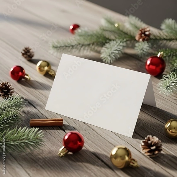 Fototapeta Horizontal Christmas Card Mockup Rustic Wooden Table