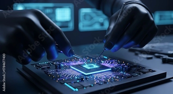 Obraz Engineer working on glowing microchip circuit board with tools
