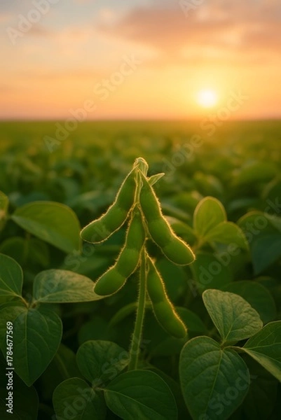 Fototapeta Soybean plant flourishing at sunset in a lush field