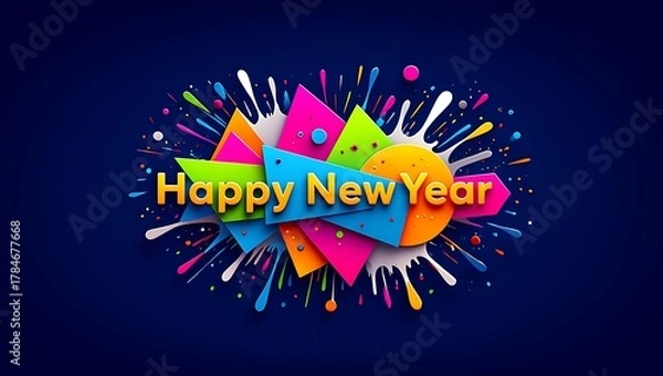 Fototapeta Festive Happy New Year celebration with abstract shapes and confetti explosion