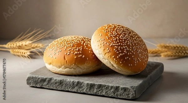 Obraz Freshly baked sesame seed hamburger buns on stone with wheat stalks.