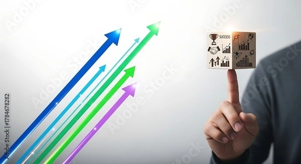 Obraz Balancing business success cube with upward moving growth arrows