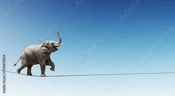 Obraz  A surreal video of an elephant on a tightrope, symbolizing balance, courage, and creativity, perfect for motivational projects. elephant, balance, surrealism, courage, and conceptual art